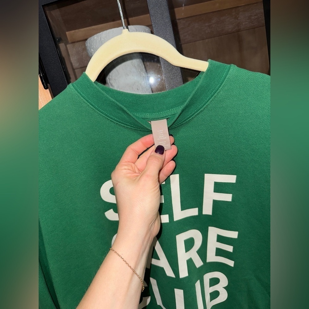 H&M Self Care Club crewneck pullover sweatshirt sporty rich ribbed kelly green - Picture 7 of 7